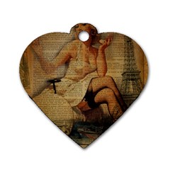 Vintage Newspaper Print Sexy Hot Gil Elvgren Pin Up Girl Paris Eiffel Tower Dog Tag Heart (one Sided)  by chicelegantboutique