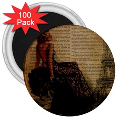 Elegant Evening Gown Lady Vintage Newspaper Print Pin Up Girl Paris Eiffel Tower 3  Button Magnet (100 Pack)