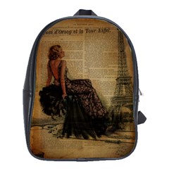 Elegant Evening Gown Lady Vintage Newspaper Print Pin Up Girl Paris Eiffel Tower School Bag (large) by chicelegantboutique