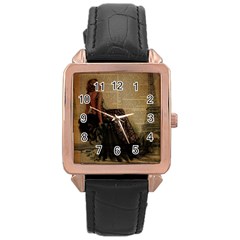 Elegant Evening Gown Lady Vintage Newspaper Print Pin Up Girl Paris Eiffel Tower Rose Gold Leather Watch 