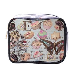 French Pastry Vintage Scripts Floral Scripts Butterfly Eiffel Tower Vintage Paris Fashion Mini Travel Toiletry Bag (one Side) by chicelegantboutique