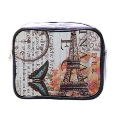 Vintage Clock Blue Butterfly Paris Eiffel Tower Fashion Mini Travel Toiletry Bag (one Side) by chicelegantboutique