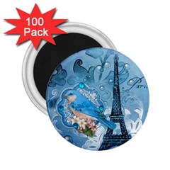 Girly Blue Bird Vintage Damask Floral Paris Eiffel Tower 2 25  Button Magnet (100 Pack) by chicelegantboutique