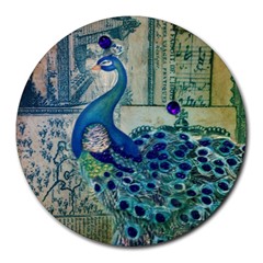 French Scripts Vintage Peacock Floral Paris Decor 8  Mouse Pad (round) by chicelegantboutique