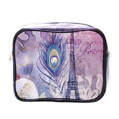 Peacock Feather White Rose Paris Eiffel Tower Mini Travel Toiletry Bag (one Side) by chicelegantboutique