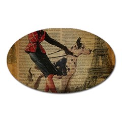 Paris Girl And Great Dane Vintage Newspaper Print Sexy Hot Gil Elvgren Pin Up Girl Paris Eiffel Towe Magnet (oval) by chicelegantboutique