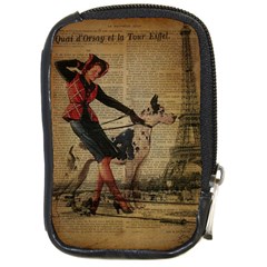 Paris Girl And Great Dane Vintage Newspaper Print Sexy Hot Gil Elvgren Pin Up Girl Paris Eiffel Towe Compact Camera Leather Case by chicelegantboutique
