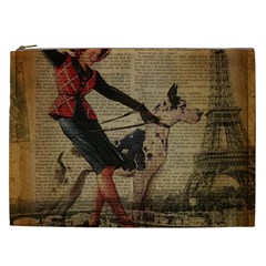 Paris Girl And Great Dane Vintage Newspaper Print Sexy Hot Gil Elvgren Pin Up Girl Paris Eiffel Towe Cosmetic Bag (xxl) by chicelegantboutique