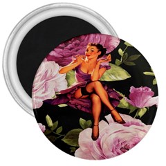 Cute Gil Elvgren Purple Dress Pin Up Girl Pink Rose Floral Art 3  Button Magnet by chicelegantboutique