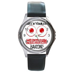 Whats Shakin Bacon? Round Leather Watch (silver Rim)