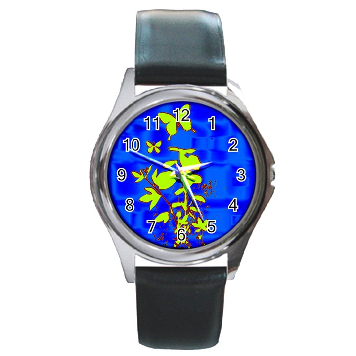 Butterfly blue/green Round Leather Watch (Silver Rim)