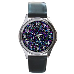 Glitter 1 Round Leather Watch (silver Rim) by MedusArt