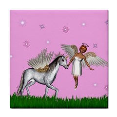 Unicorn And Fairy In A Grass Field And Sparkles Ceramic Tile by goldenjackal