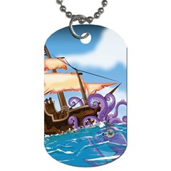 Pirate Ship Attacked By Giant Squid Cartoon Dog Tag (one Sided) by NickGreenaway