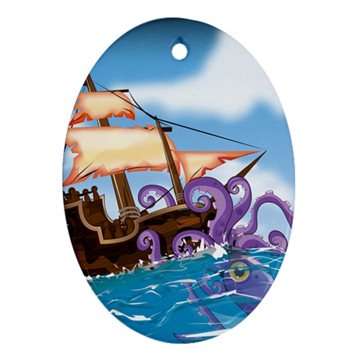 PiratePirate Ship Attacked By Giant Squid  Oval Ornament (Two Sides)