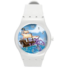 Pirate Ship Attacked By Giant Squid Cartoon  Plastic Sport Watch (medium) by NickGreenaway