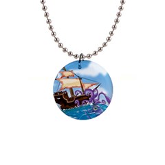 Pirate Ship Attacked By Giant Squid Cartoon  Button Necklace by NickGreenaway