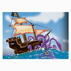 Pirate Ship Attacked By Giant Squid Cartoon  Glasses Cloth (large, Two Sided) by NickGreenaway