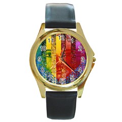 Conundrum I, Abstract Rainbow Woman Goddess  Round Leather Watch (gold Rim)  by DianeClancy