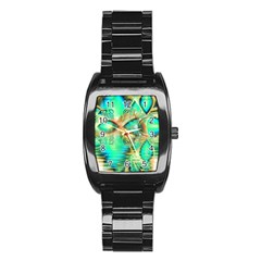 Golden Teal Peacock, Abstract Copper Crystal Stainless Steel Barrel Watch by DianeClancy