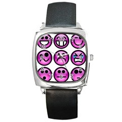 Chronic Pain Emoticons Square Leather Watch by FunWithFibro