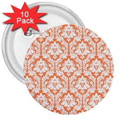 White On Orange Damask 3  Button (10 Pack) by Zandiepants