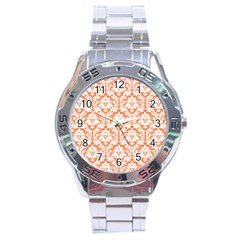 White On Orange Damask Stainless Steel Watch by Zandiepants