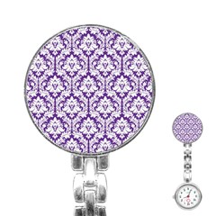 White On Purple Damask Stainless Steel Nurses Watch by Zandiepants