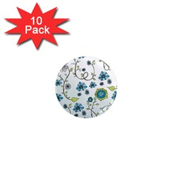 Blue Whimsical Flowers  On Blue 1  Mini Button Magnet (10 Pack) by Zandiepants