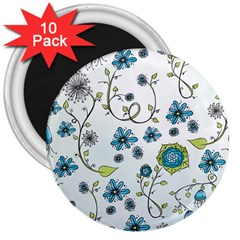 Blue Whimsical Flowers  On Blue 3  Button Magnet (10 Pack) by Zandiepants