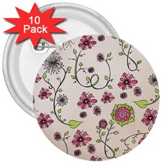 Pink Whimsical Flowers On Beige 3  Button (10 Pack) by Zandiepants