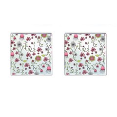 Pink Whimsical Flowers On Blue Cufflinks (square) by Zandiepants