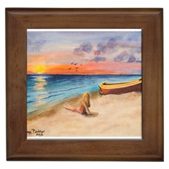 Alone On Sunset Beach Framed Ceramic Tile by TonyaButcher