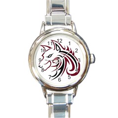 Maroon And Black Wolf Head Outline Facing Left Side Round Italian Charm Watch by WildThings