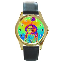Sitting Bull Round Leather Watch (gold Rim)  by icarusismartdesigns