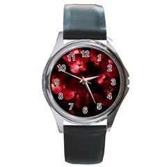 Red Flowers Bouquet In Black Background Photography Round Leather Watch (silver Rim) by dflcprints