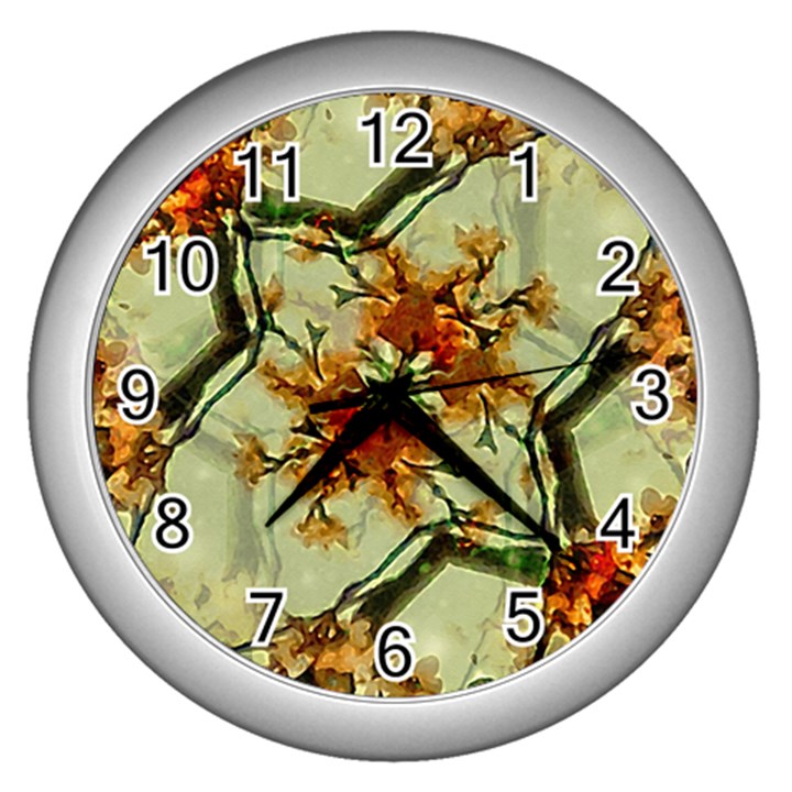 Floral Motif Print Pattern Collage Wall Clock (Silver)