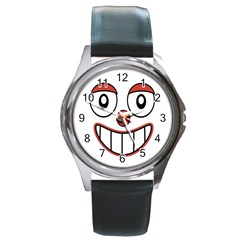 Happy Clown Cartoon Drawing Round Leather Watch (silver Rim) by dflcprints