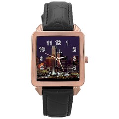 Dallas Skyline At Night Rose Gold Leather Watch  by StuffOrSomething