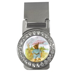 Vintage Drawing: Teddy Bear In The Rain Money Clip (cz) by MotherGoose