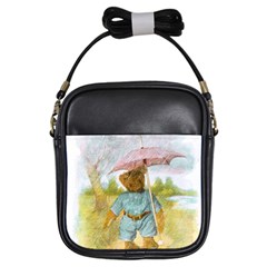 Vintage Drawing: Teddy Bear In The Rain Girl s Sling Bag by MotherGoose