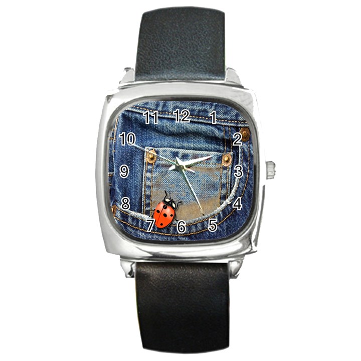 Blue Jean Lady Bug Square Leather Watch