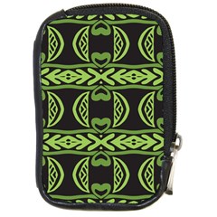 Green Shapes On A Black Background Pattern Compact Camera Leather Case by LalyLauraFLM