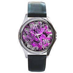 Butterfly Graffiti Round Leather Watch (silver Rim) by ArtistRoseanneJones