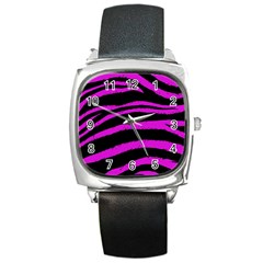 Pink Zebra Square Leather Watch by ArtistRoseanneJones