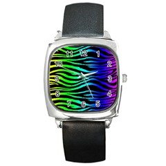 Rainbow Zebra Square Leather Watch by ArtistRoseanneJones