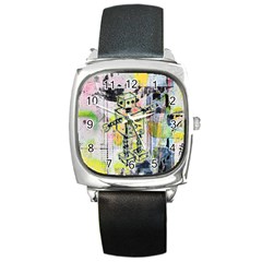 Graffiti Graphic Robot Square Leather Watch by ArtistRoseanneJones