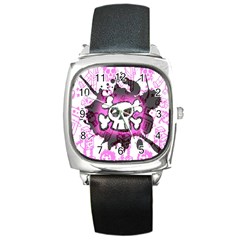 Cartoon Skull  Square Leather Watch by ArtistRoseanneJones