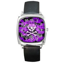Purple Girly Skull Square Leather Watch