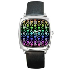 Rainbow Skull And Crossbones Pattern Square Leather Watch by ArtistRoseanneJones